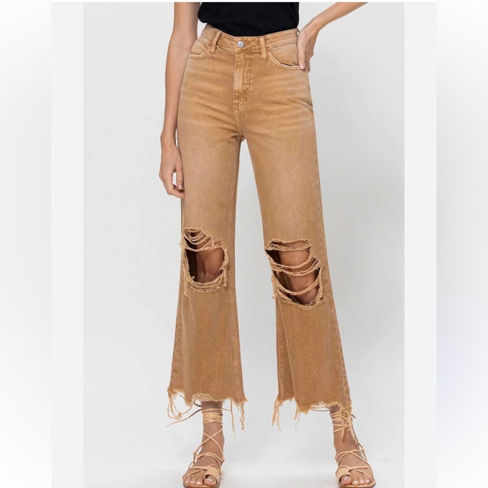 High-Rise Distressed Wide-Leg Jeans in Tan Brown